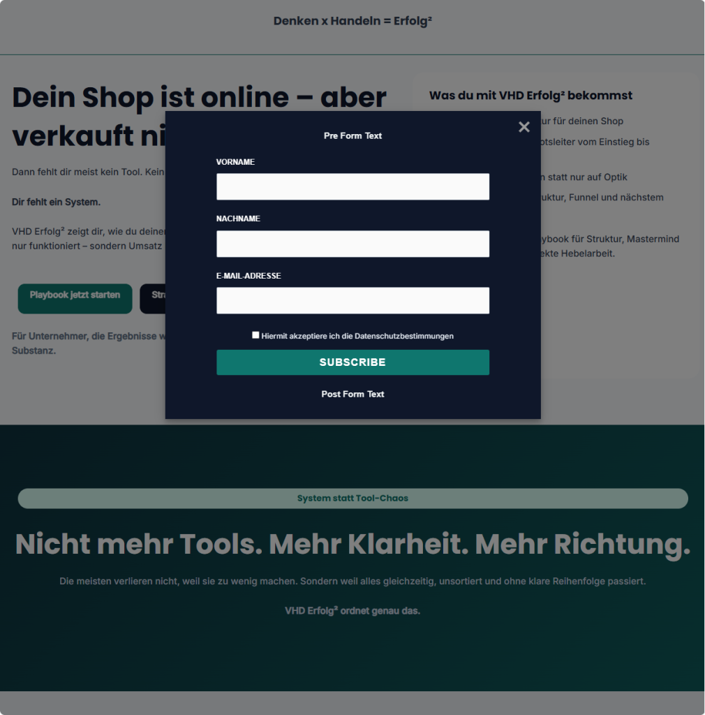 Newsletter Popup vorher nachher – Beginn der ersten Popup-Idee