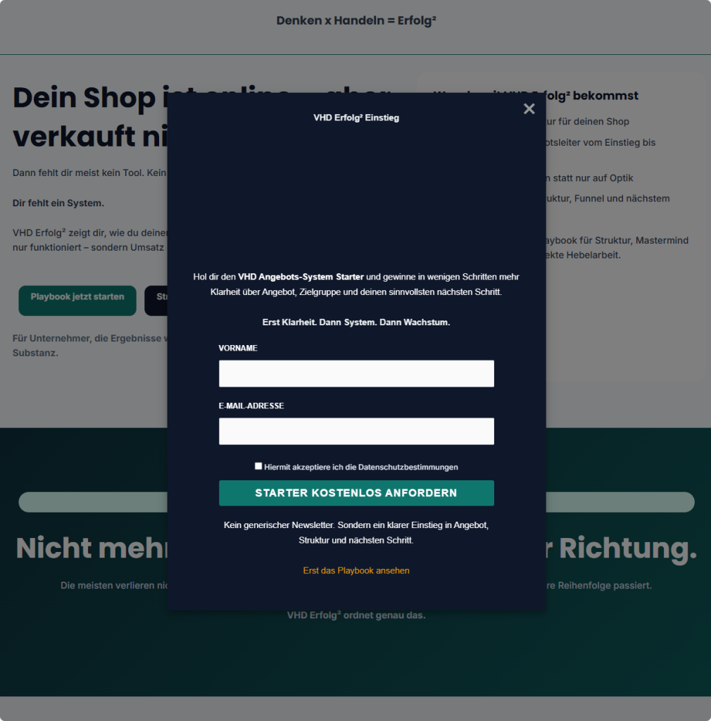 Newsletter Popup vorher nachher – erste funktionale Popup-Version ohne finale VHD-Anpassung